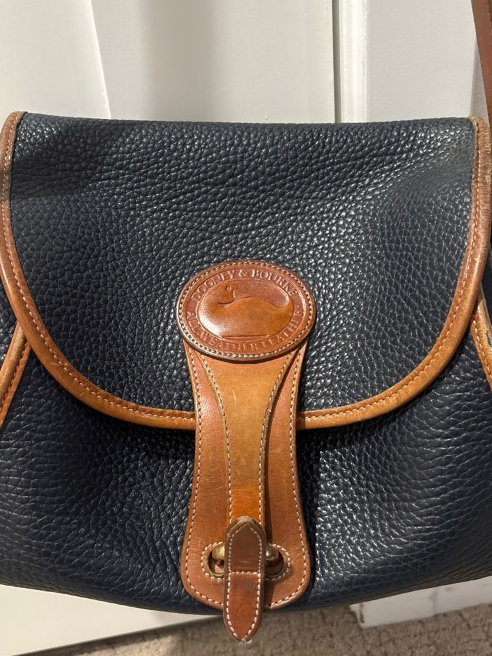 Vintage Dooney & Bourke Black Pebbled Leather Crossbody with Brown Trim